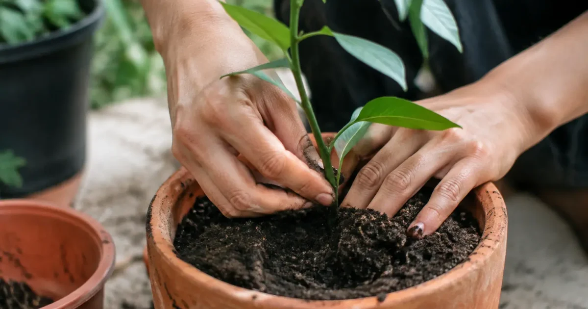 Mains plantant une tige verte dans du terreau