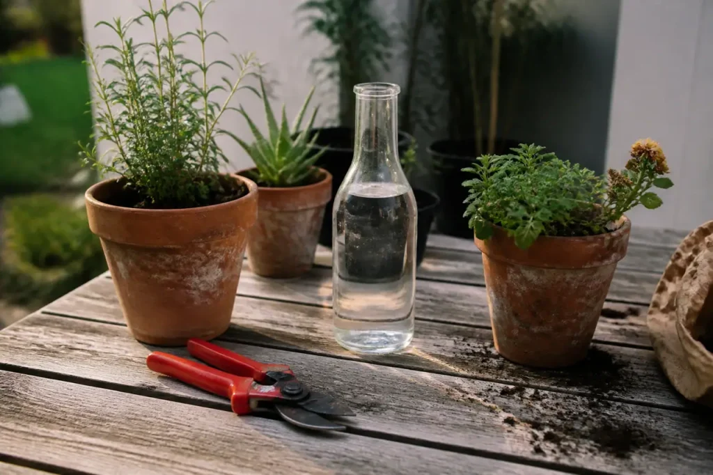 Sécateur rouge, pots et bouteille transparente sur table
