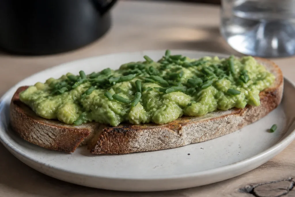 Tartine grillee avec avocat ecrase et ciboulette verte