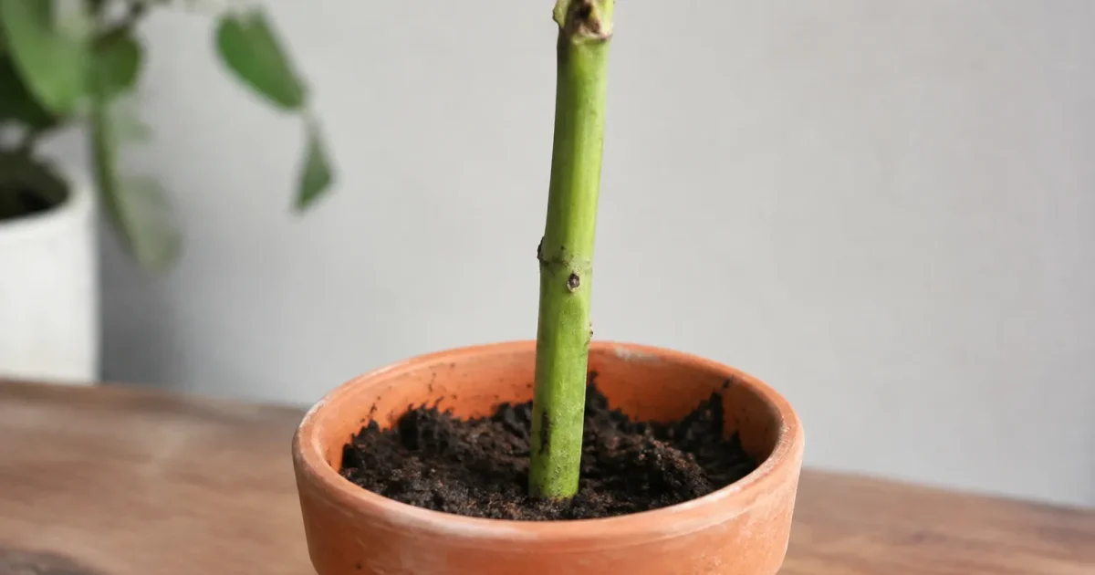 Tige verte plantee verticalement dans un pot de terreau
