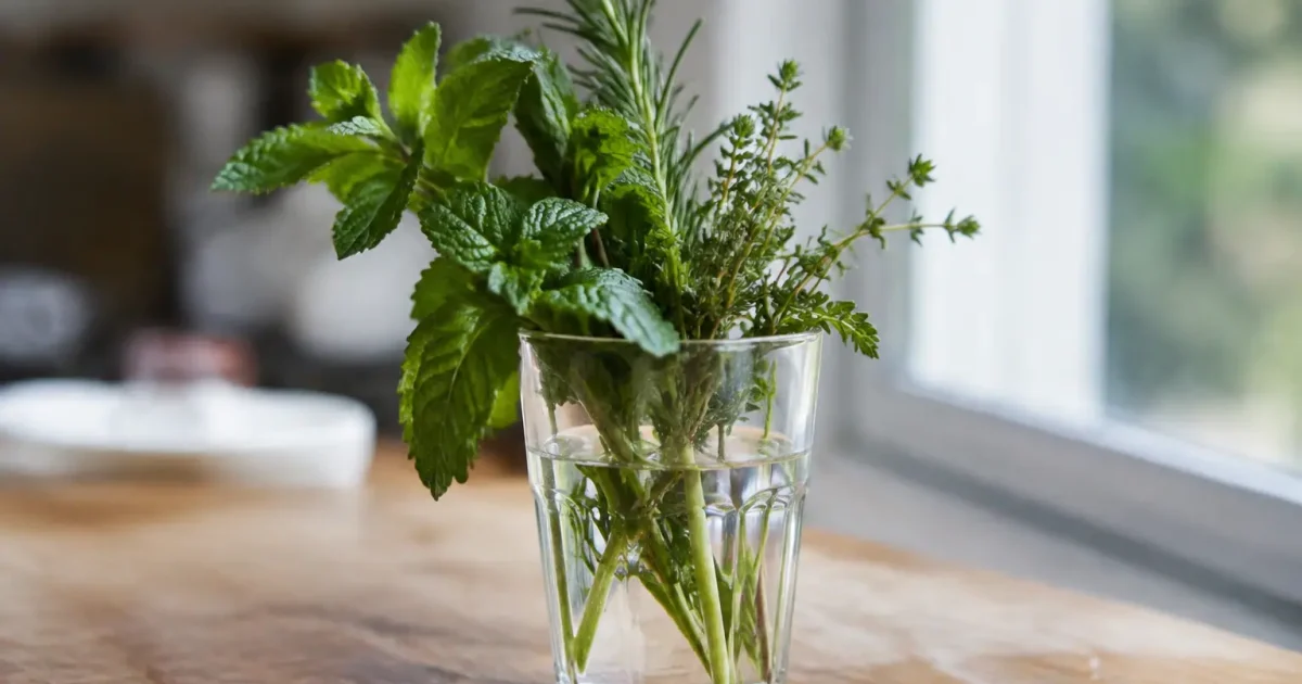 Tiges vertes aromatiques plantees dans un verre transparent